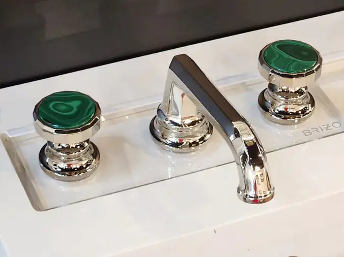polished chrome sink faucet with emeral inlayed handles